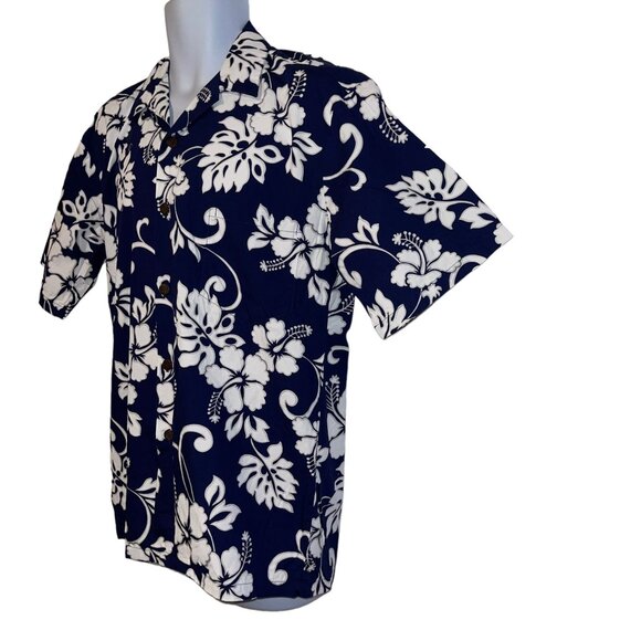 Retro Hilo Hattie Hawaiian Shirt Mens M Floral Plumeria Leaf Aloha Beach Blue - Picture 5 of 10